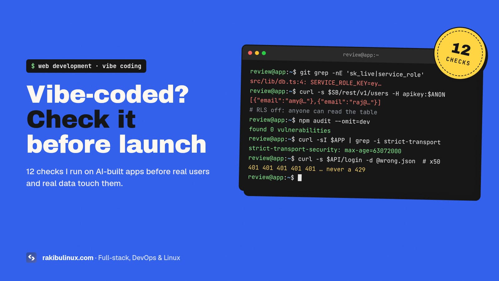 Vibe Coding Security Checklist: 12 Checks Before Launch