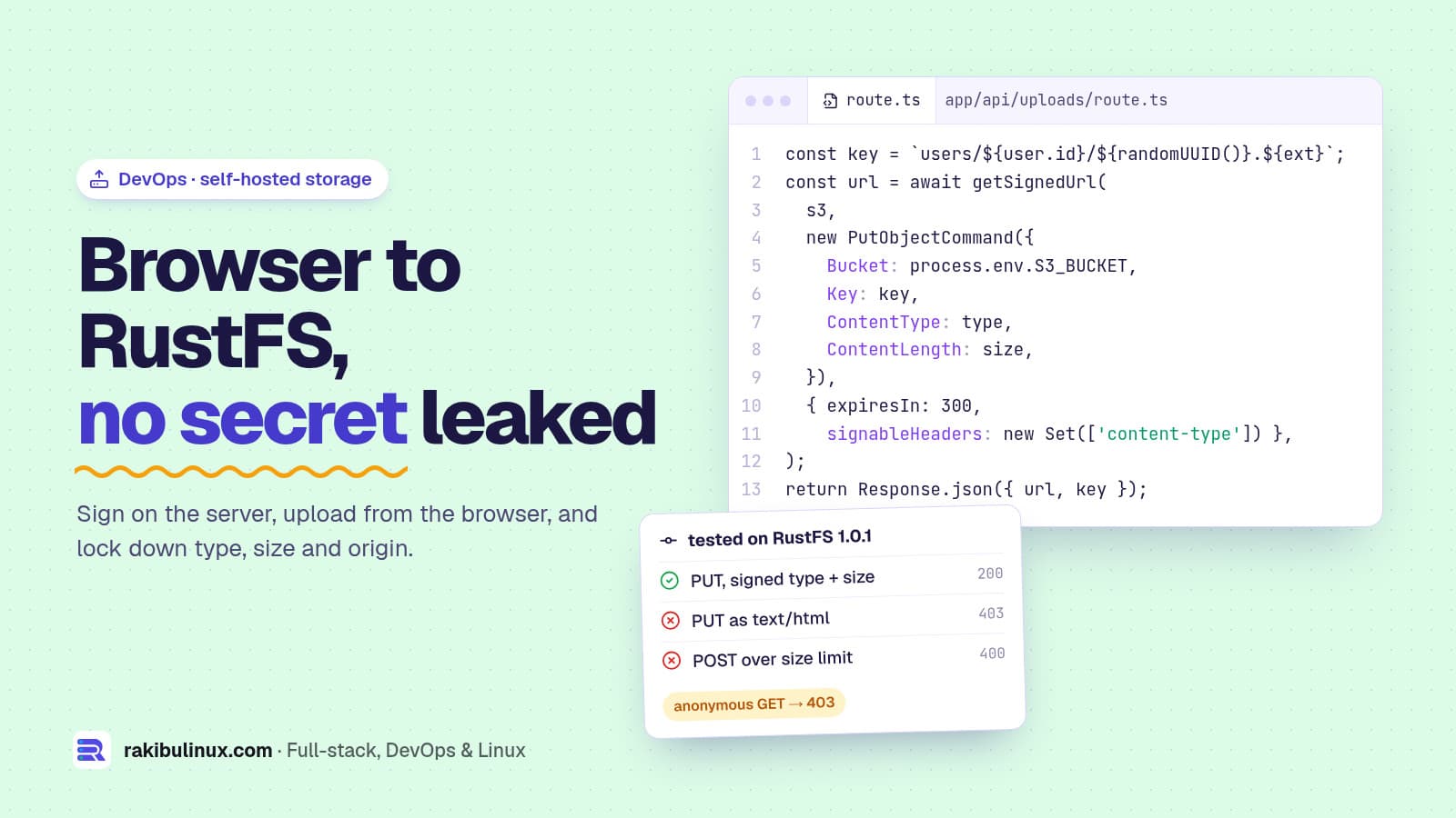 RustFS with Next.js: Presigned URL Uploads That Are Safe