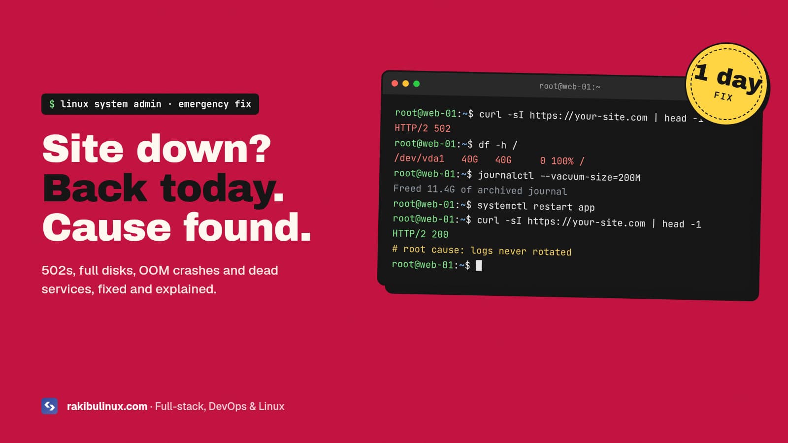 Emergency Linux Server Fix: Website Down, 502, Disk Full or Out of Memory screenshot 1